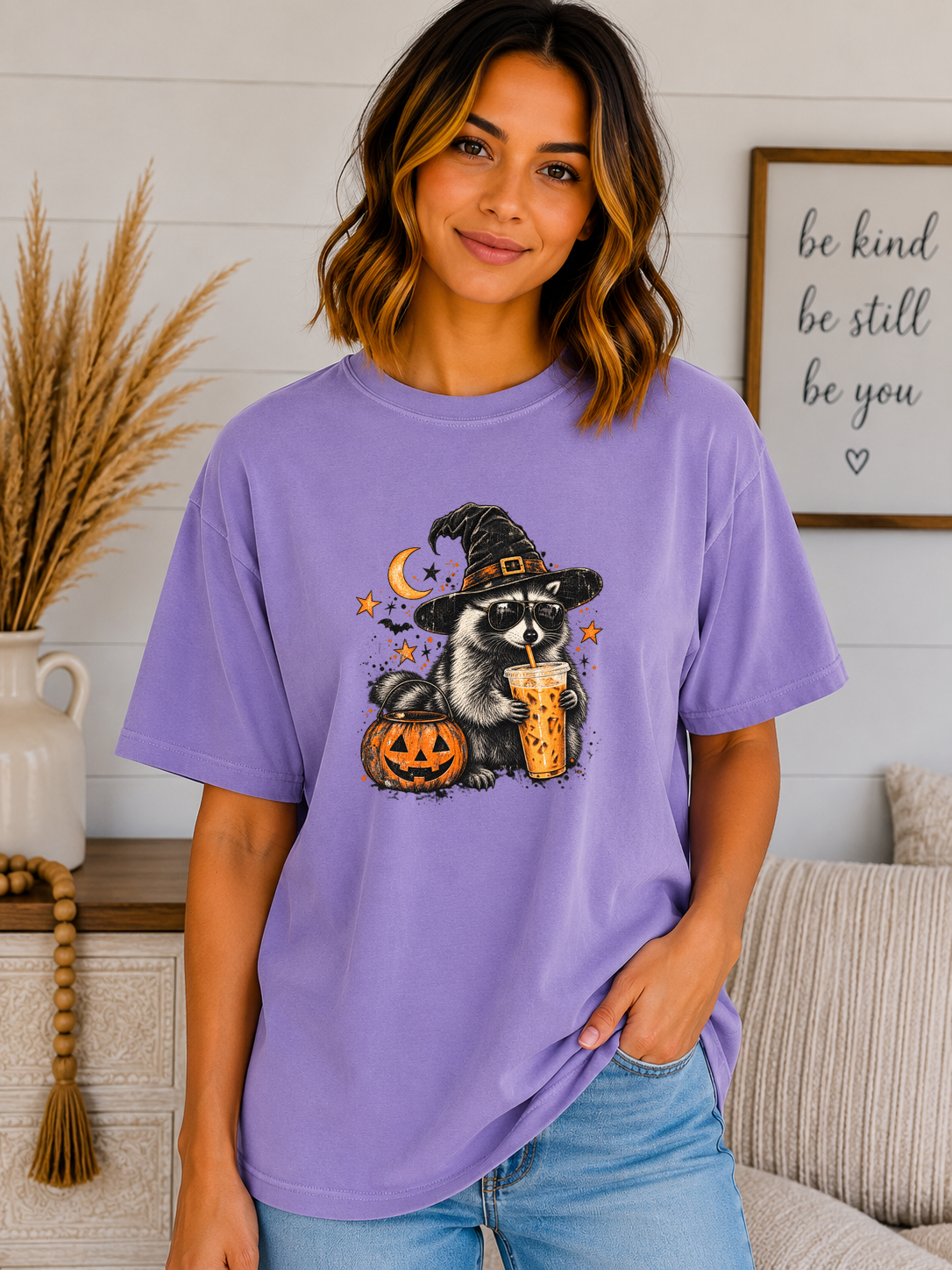 Halloween Raccoon Coffee Comfort Colors T-Shirt – Witchy Raccoon Graphic Tee, Cute Spooky Season Coffee Lover Shirt