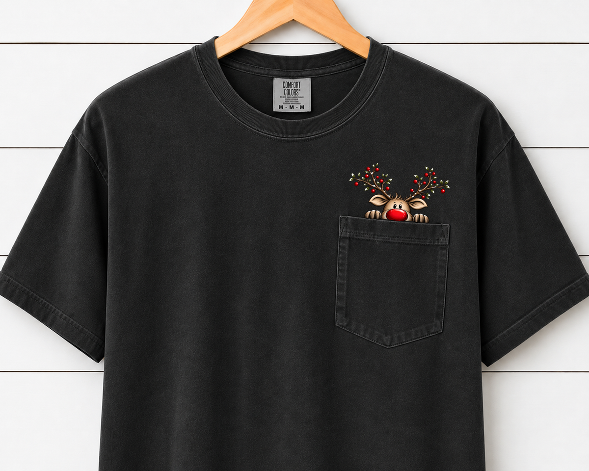 Christmas Reindeer Pocket Comfort Colors T-Shirt – Cute Rudolph Peeking Pocket Tee, Festive Holiday Graphic Shirt, Cozy Christmas Tee