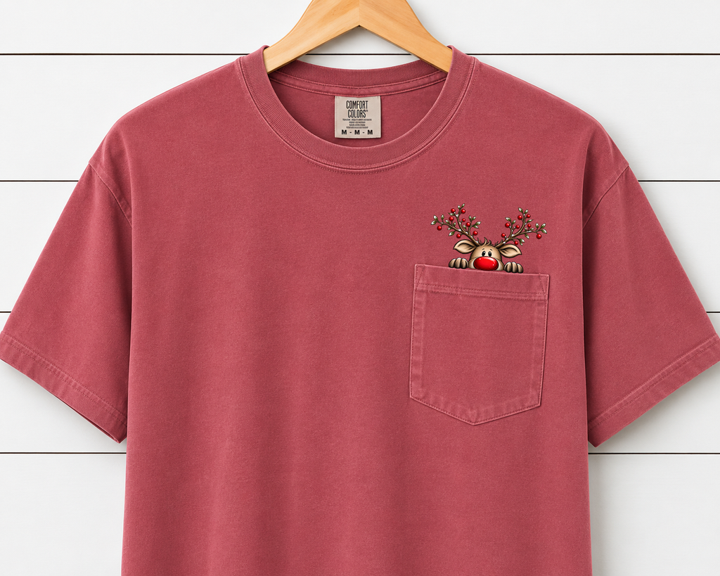 Christmas Reindeer Pocket Comfort Colors T-Shirt – Cute Rudolph Peeking Pocket Tee, Festive Holiday Graphic Shirt, Cozy Christmas Tee