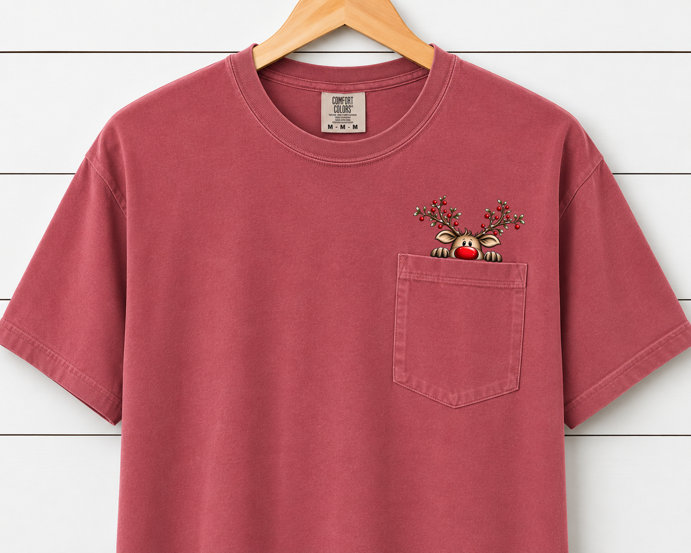 Christmas Reindeer Pocket Comfort Colors T-Shirt – Cute Rudolph Peeking Pocket Tee, Festive Holiday Graphic Shirt, Cozy Christmas Tee