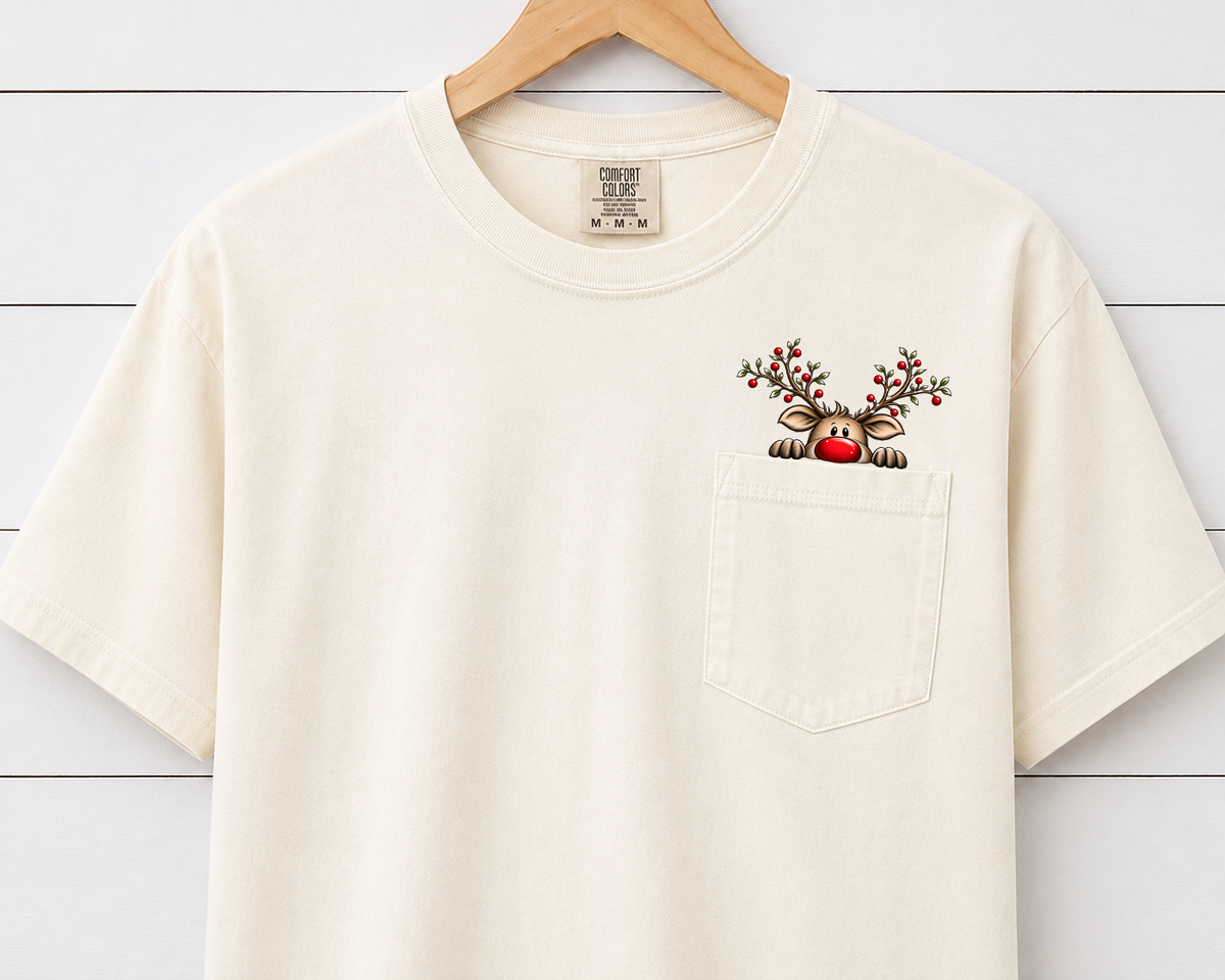 Christmas Reindeer Pocket Comfort Colors T-Shirt – Cute Rudolph Peeking Pocket Tee, Festive Holiday Graphic Shirt, Cozy Christmas Tee