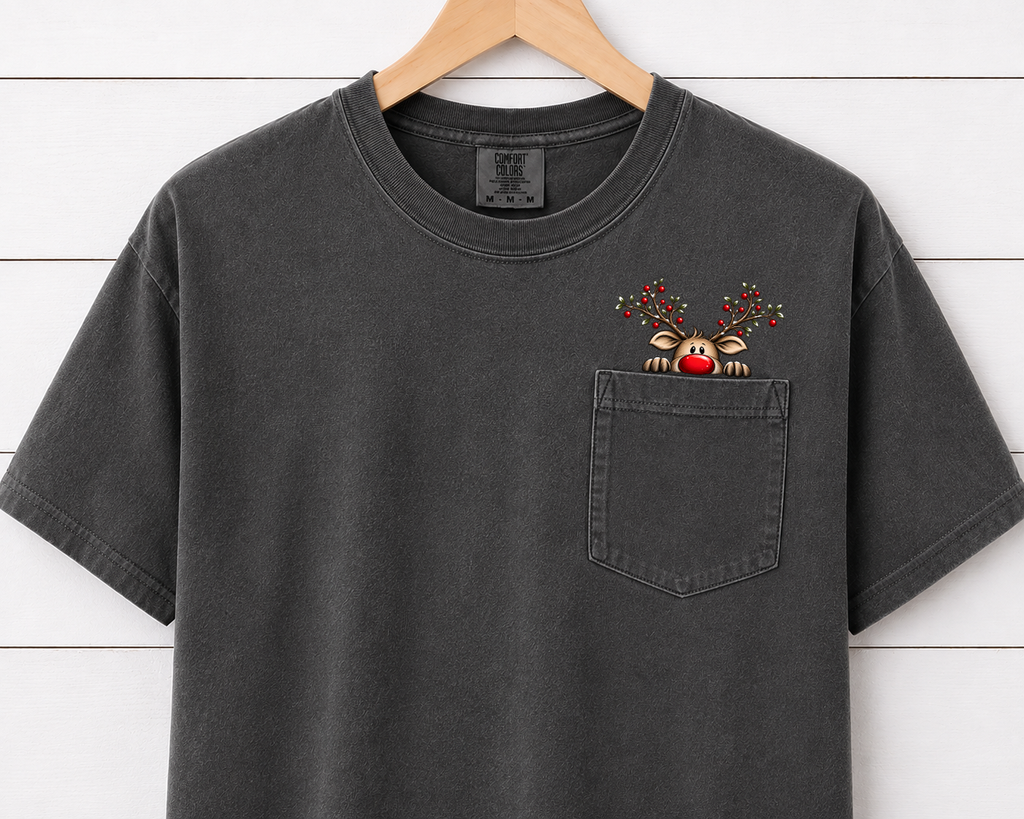 Christmas Reindeer Pocket Comfort Colors T-Shirt – Cute Rudolph Peeking Pocket Tee, Festive Holiday Graphic Shirt, Cozy Christmas Tee