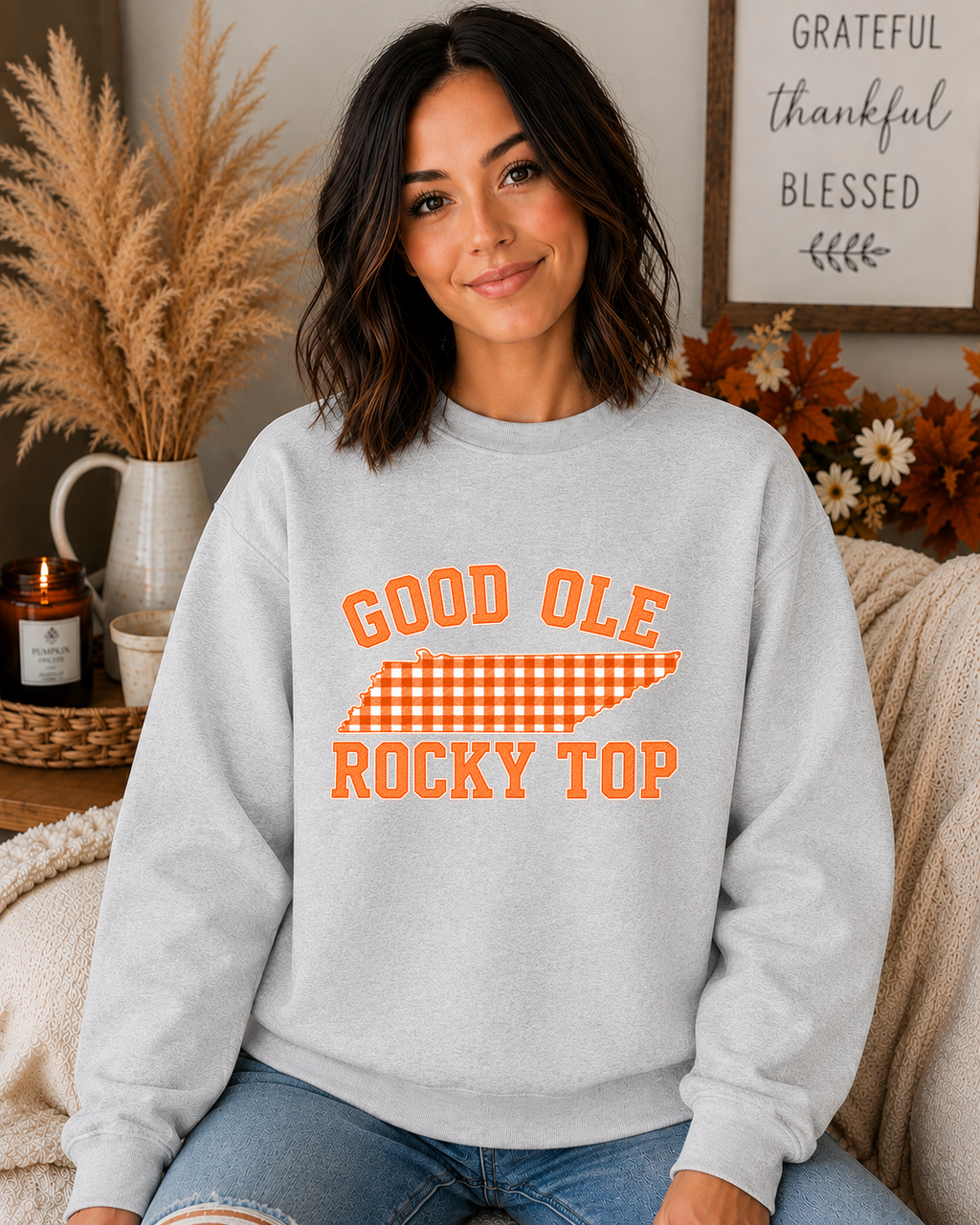 Good Ole Rocky Top Tennessee Gildan Sweatshirt – Orange Gingham Volunteer State Graphic Crewneck