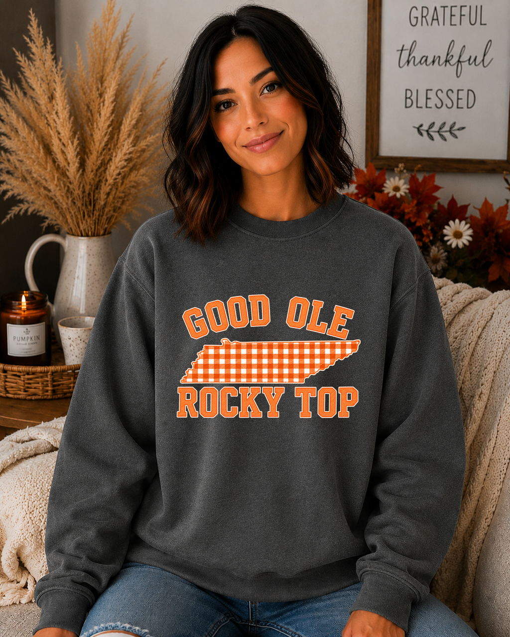 Good Ole Rocky Top Tennessee Gildan Sweatshirt – Orange Gingham Volunteer State Graphic Crewneck