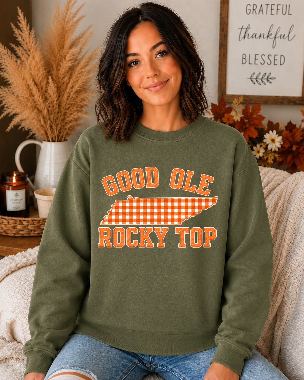 Good Ole Rocky Top Tennessee Gildan Sweatshirt – Orange Gingham Volunteer State Graphic Crewneck