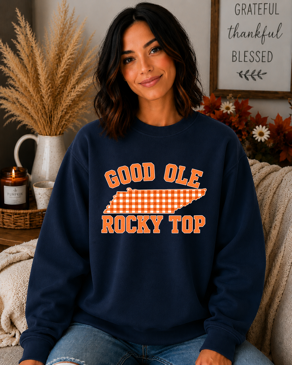 Good Ole Rocky Top Tennessee Gildan Sweatshirt – Orange Gingham Volunteer State Graphic Crewneck