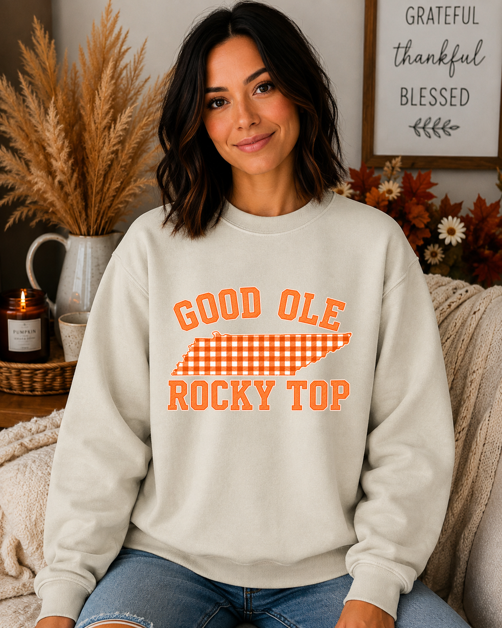 Good Ole Rocky Top Tennessee Gildan Sweatshirt – Orange Gingham Volunteer State Graphic Crewneck