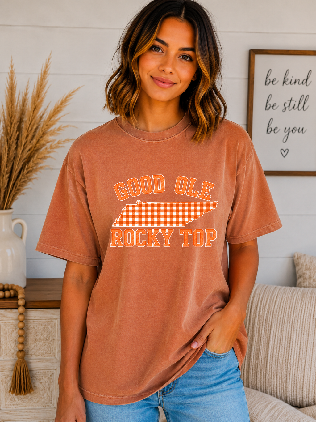 Good Ole Rocky Top Tennessee Comfort Colors T-Shirt – Orange Gingham Volunteer State Graphic Tee