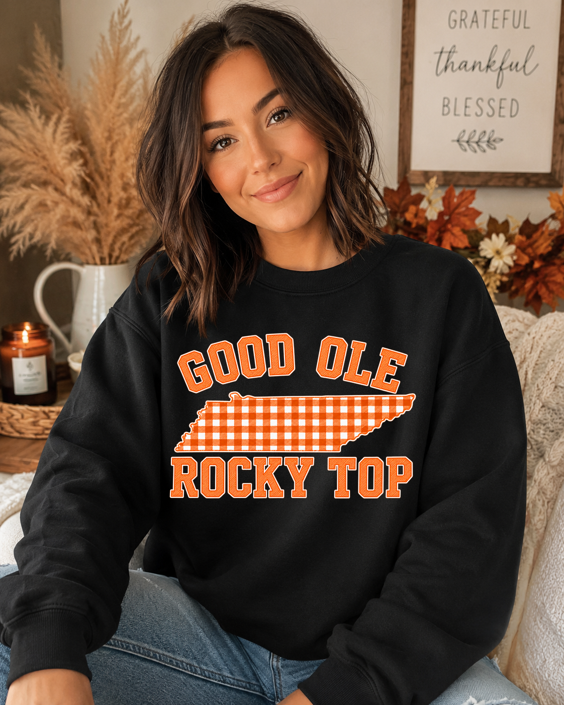 Good Ole Rocky Top Tennessee Gildan Sweatshirt – Orange Gingham Volunteer State Graphic Crewneck