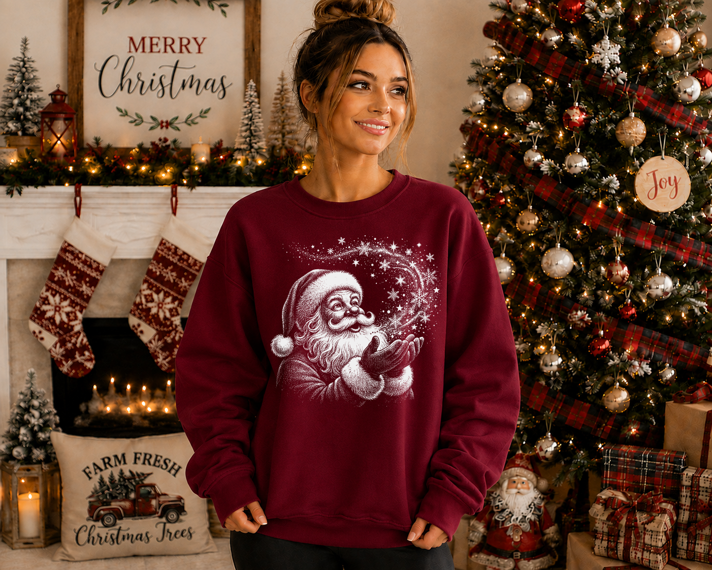 Vintage Santa Gildan Sweatshirt | Festive Christmas Santa Graphic Crewneck | Retro Holiday Snowflake Sweatshirt