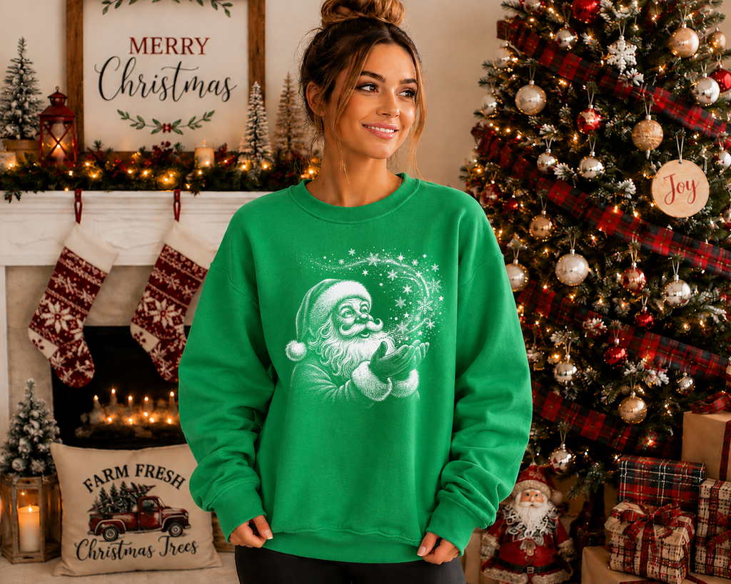 Vintage Santa Gildan Sweatshirt | Festive Christmas Santa Graphic Crewneck | Retro Holiday Snowflake Sweatshirt