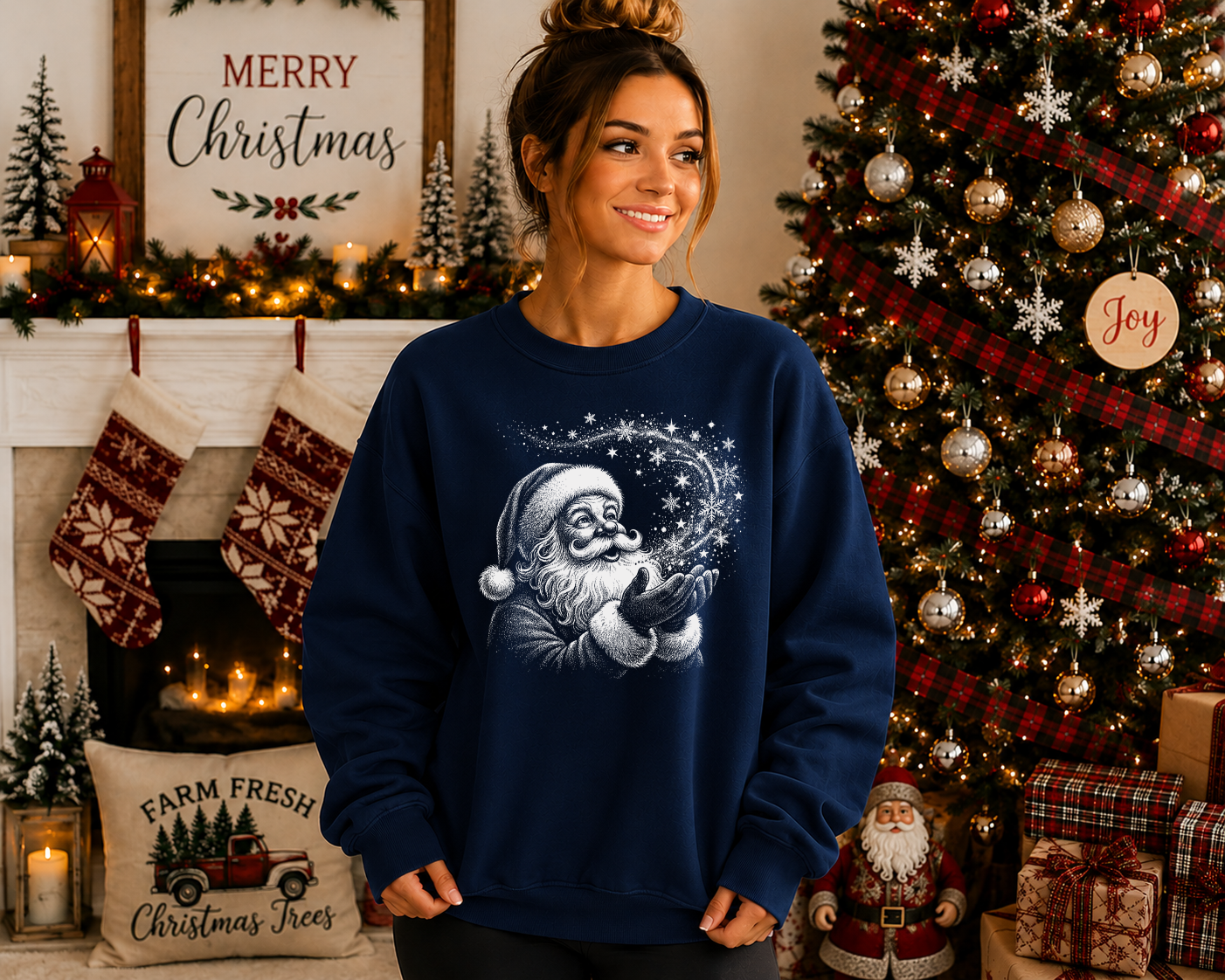 Vintage Santa Gildan Sweatshirt | Festive Christmas Santa Graphic Crewneck | Retro Holiday Snowflake Sweatshirt