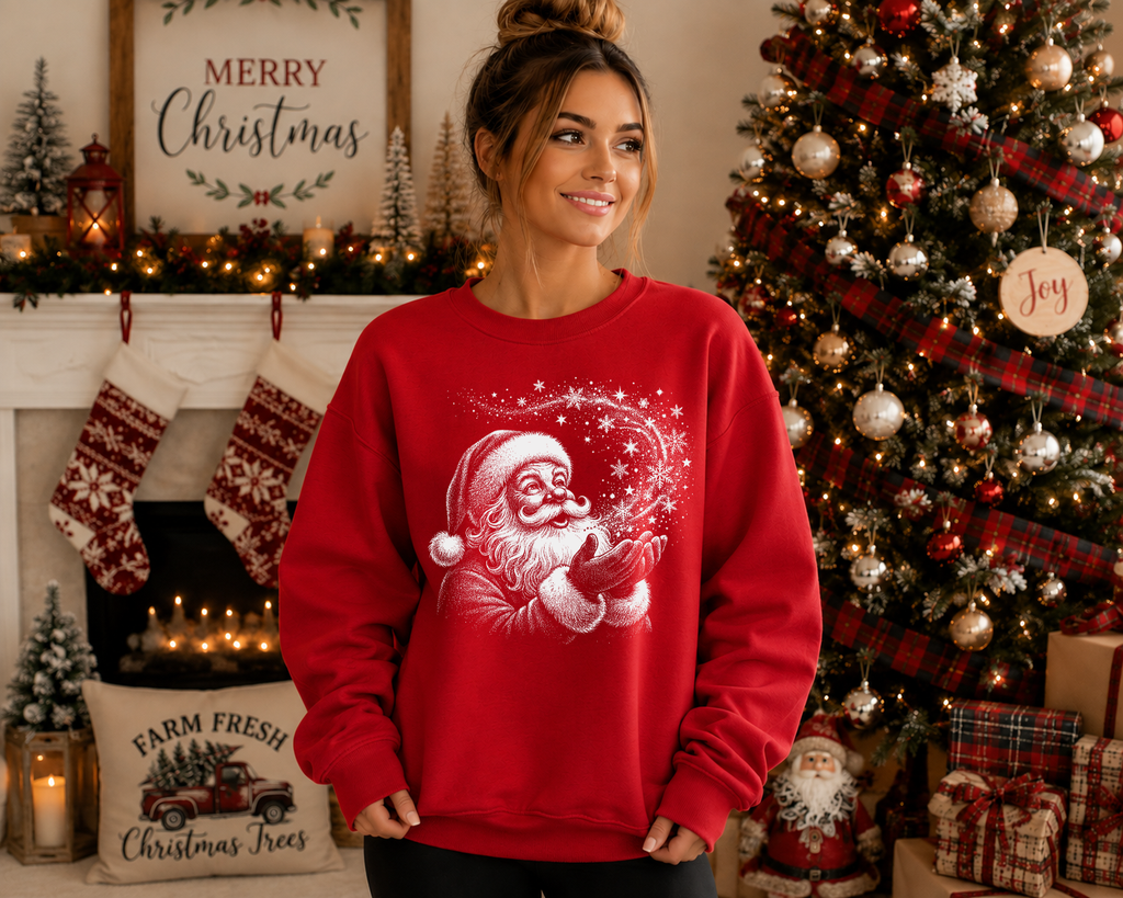 Vintage Santa Gildan Sweatshirt | Festive Christmas Santa Graphic Crewneck | Retro Holiday Snowflake Sweatshirt