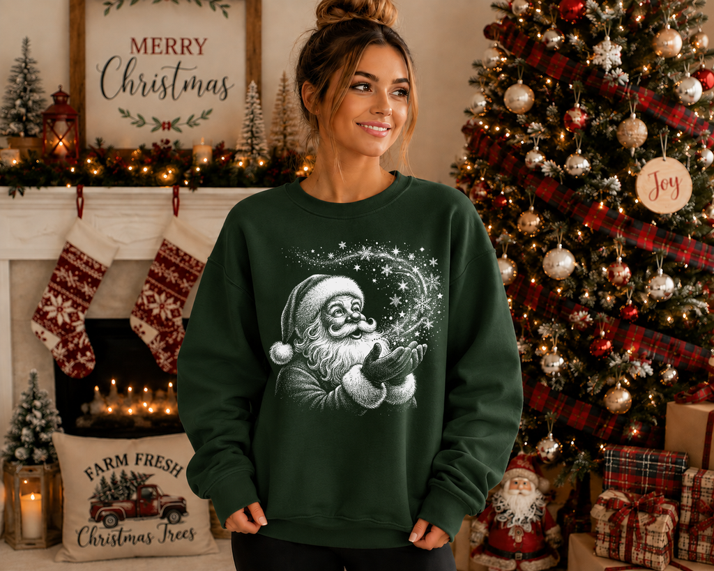 Vintage Santa Gildan Sweatshirt | Festive Christmas Santa Graphic Crewneck | Retro Holiday Snowflake Sweatshirt