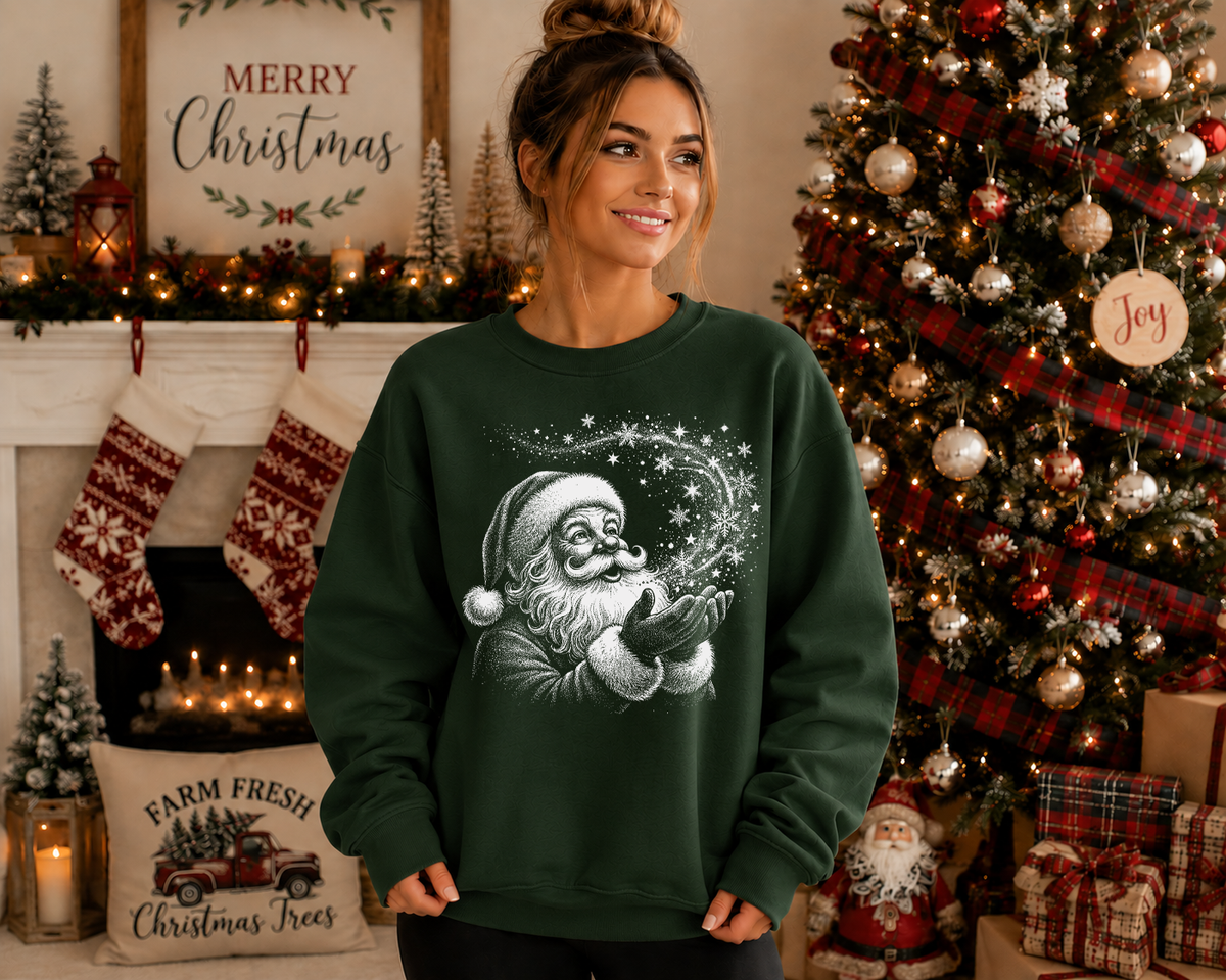 Vintage Santa Gildan Sweatshirt | Festive Christmas Santa Graphic Crewneck | Retro Holiday Snowflake Sweatshirt