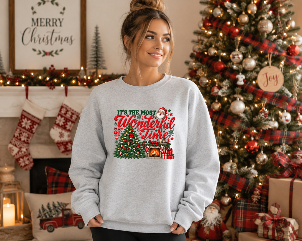 It’s the Most Wonderful Time Christmas Sweatshirt – Vintage Santa Christmas Tree & Fireplace Holiday Graphic Crewneck