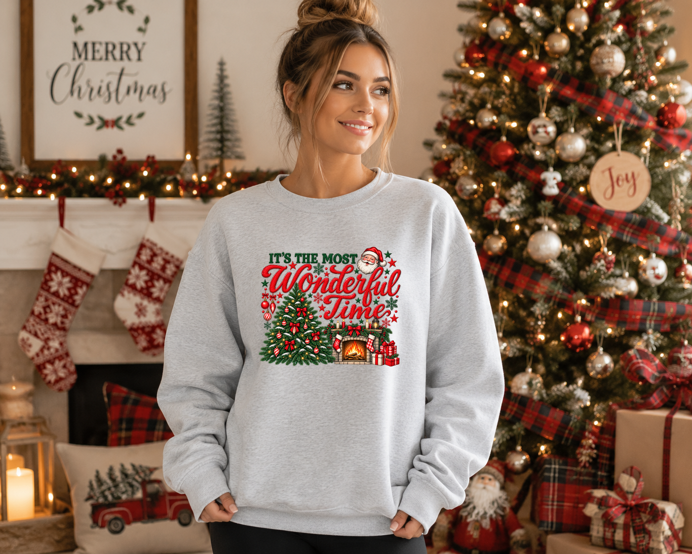 It’s the Most Wonderful Time Christmas Sweatshirt – Vintage Santa Christmas Tree & Fireplace Holiday Graphic Crewneck