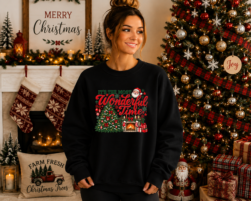 It’s the Most Wonderful Time Christmas Sweatshirt – Vintage Santa Christmas Tree & Fireplace Holiday Graphic Crewneck