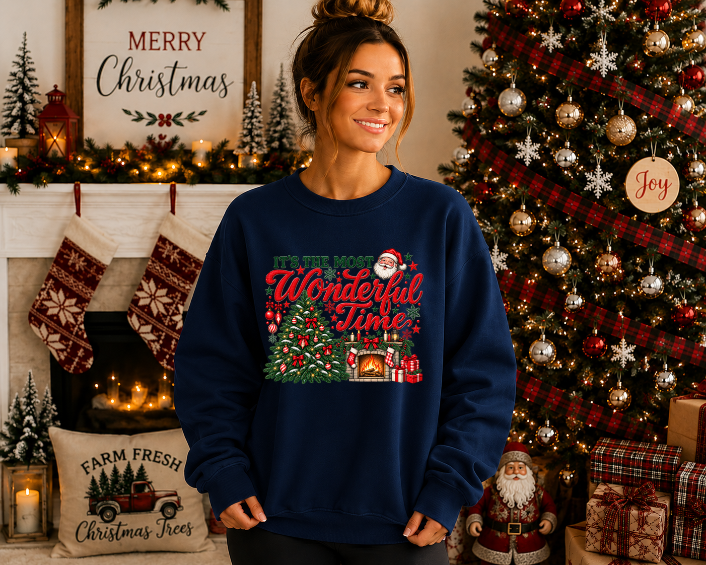 It’s the Most Wonderful Time Christmas Sweatshirt – Vintage Santa Christmas Tree & Fireplace Holiday Graphic Crewneck