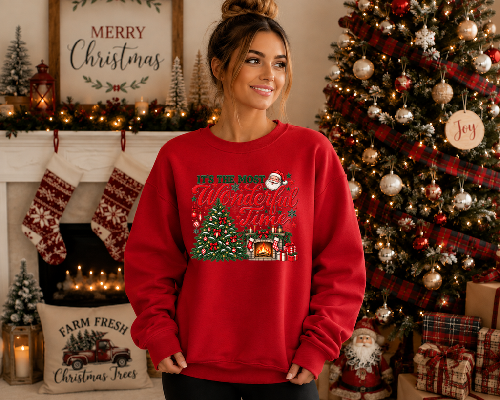 It’s the Most Wonderful Time Christmas Sweatshirt – Vintage Santa Christmas Tree & Fireplace Holiday Graphic Crewneck