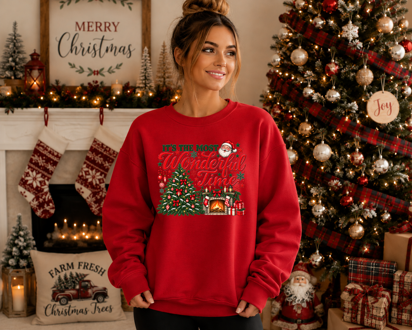 It’s the Most Wonderful Time Christmas Sweatshirt – Vintage Santa Christmas Tree & Fireplace Holiday Graphic Crewneck