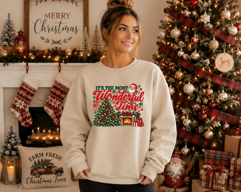 It’s the Most Wonderful Time Christmas Sweatshirt – Vintage Santa Christmas Tree & Fireplace Holiday Graphic Crewneck
