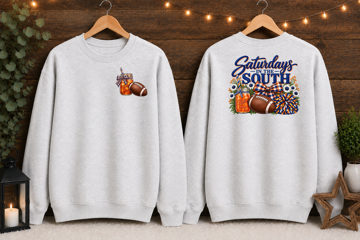 Saturdays in the South Gildan Sweatshirt – Southern Football Game Day Crewneck, Sweet Tea & Football Shirt, Front and Back Graphic