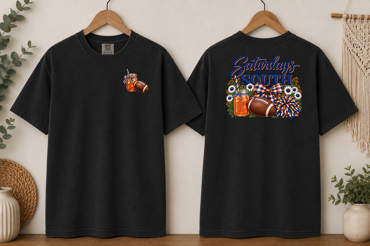 Saturdays in the South Comfort Colors T-Shirt – Southern Football Game Day Tee, Sweet Tea & Football Shirt, Front & Back Graphic