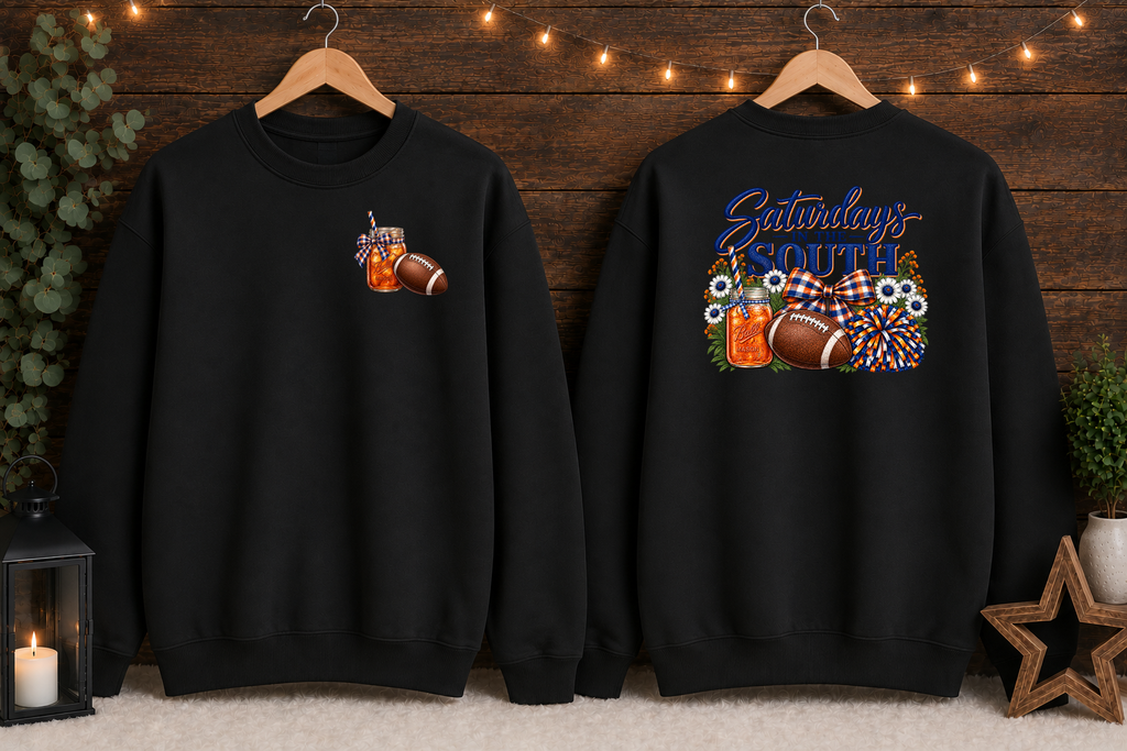Saturdays in the South Gildan Sweatshirt – Southern Football Game Day Crewneck, Sweet Tea & Football Shirt, Front and Back Graphic