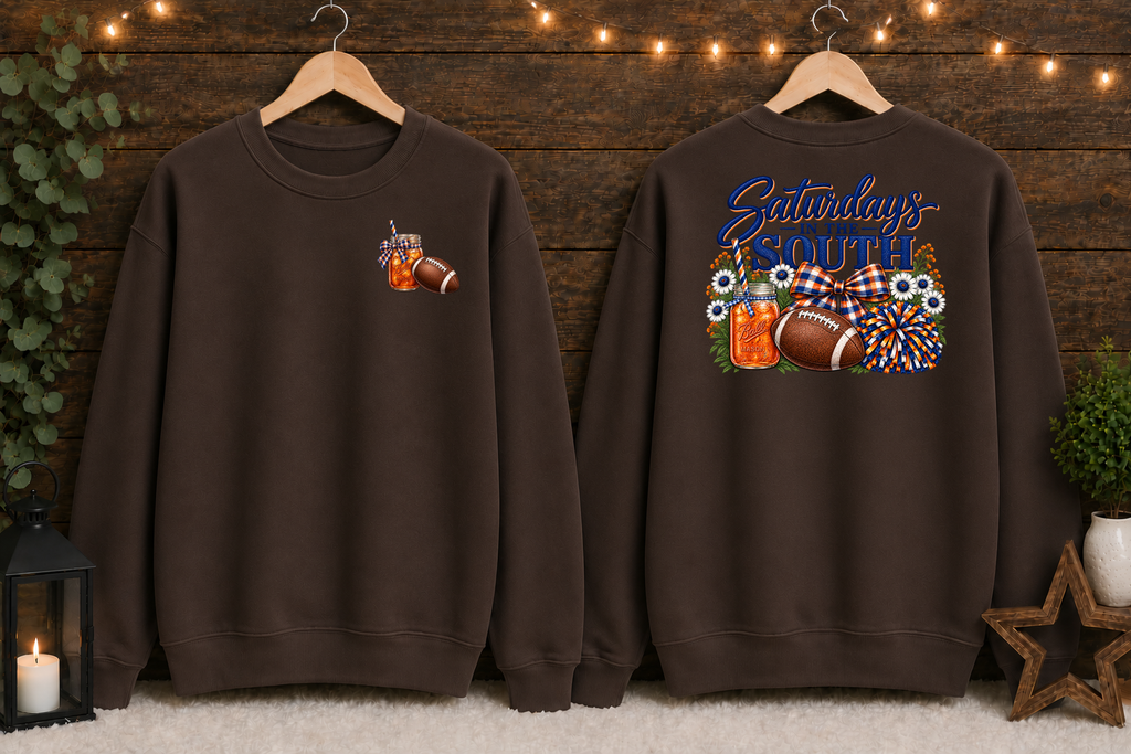 Saturdays in the South Gildan Sweatshirt – Southern Football Game Day Crewneck, Sweet Tea & Football Shirt, Front and Back Graphic