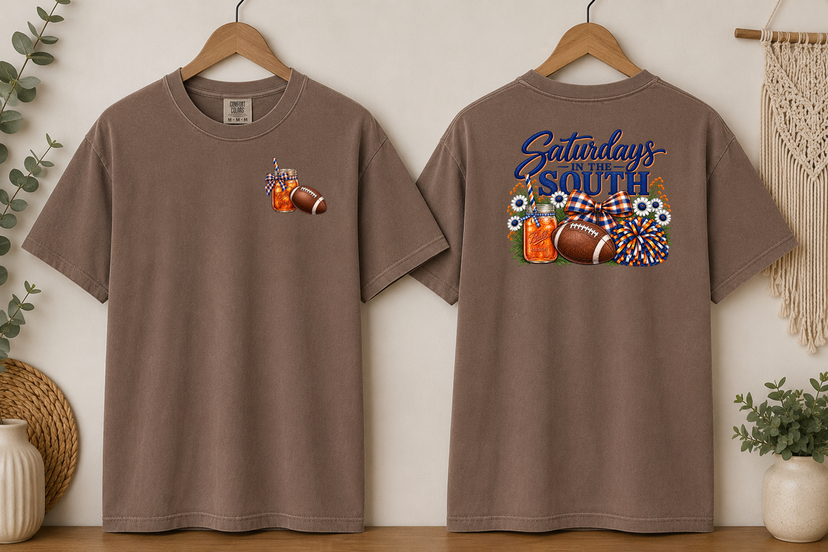 Saturdays in the South Comfort Colors T-Shirt – Southern Football Game Day Tee, Sweet Tea & Football Shirt, Front & Back Graphic