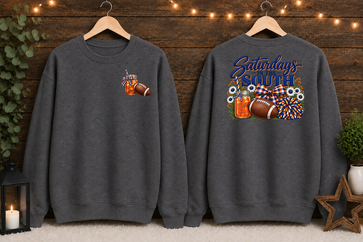 Saturdays in the South Gildan Sweatshirt – Southern Football Game Day Crewneck, Sweet Tea & Football Shirt, Front and Back Graphic