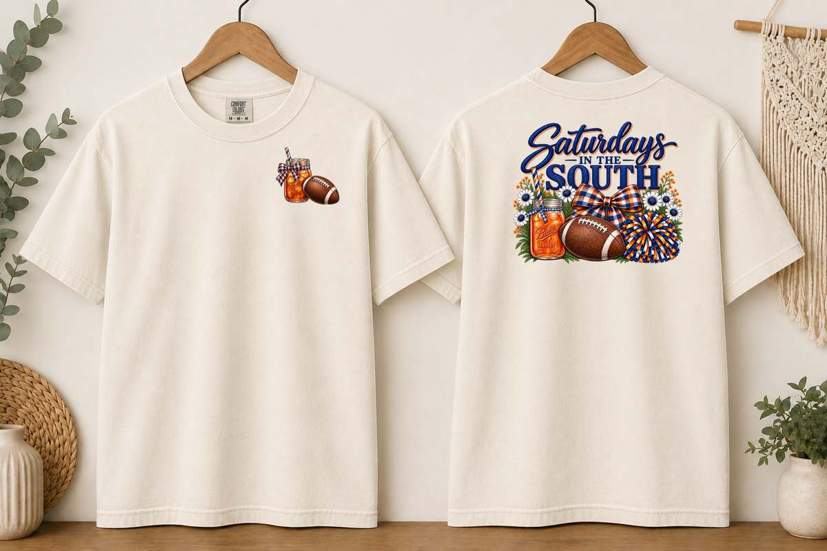 Saturdays in the South Comfort Colors T-Shirt – Southern Football Game Day Tee, Sweet Tea & Football Shirt, Front & Back Graphic