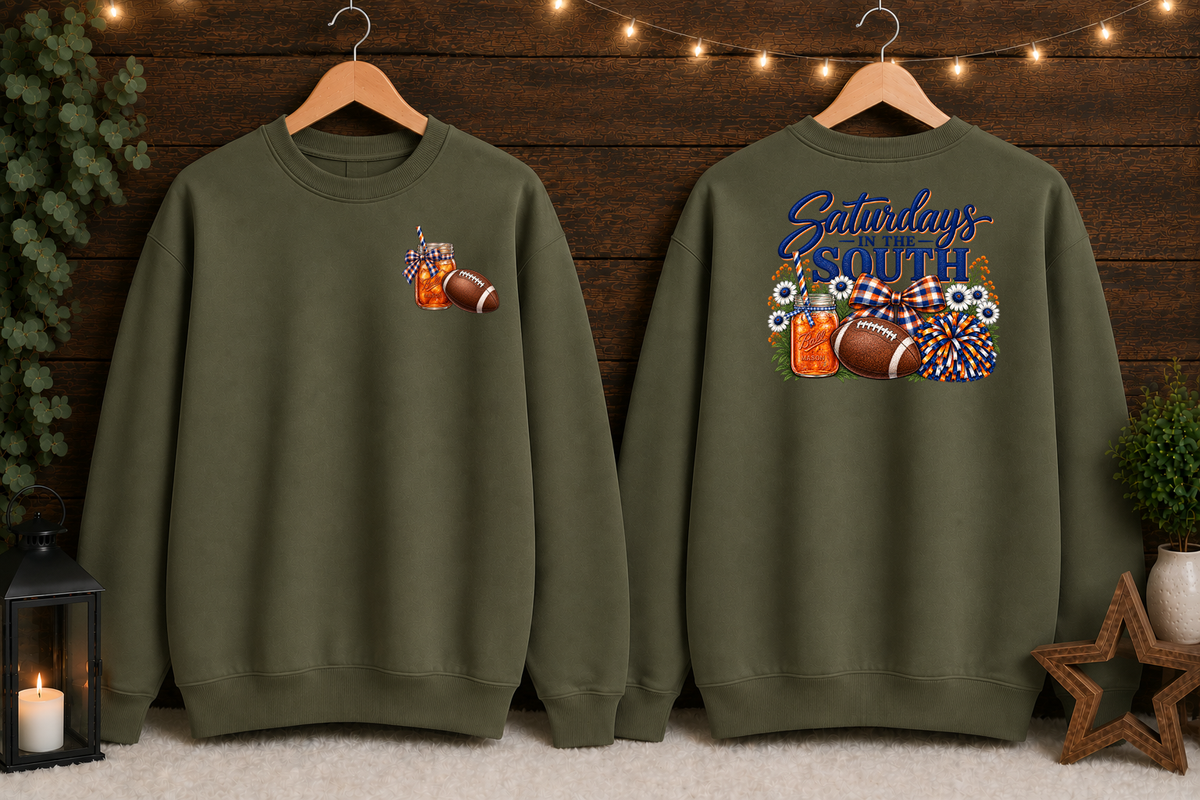 Saturdays in the South Gildan Sweatshirt – Southern Football Game Day Crewneck, Sweet Tea & Football Shirt, Front and Back Graphic