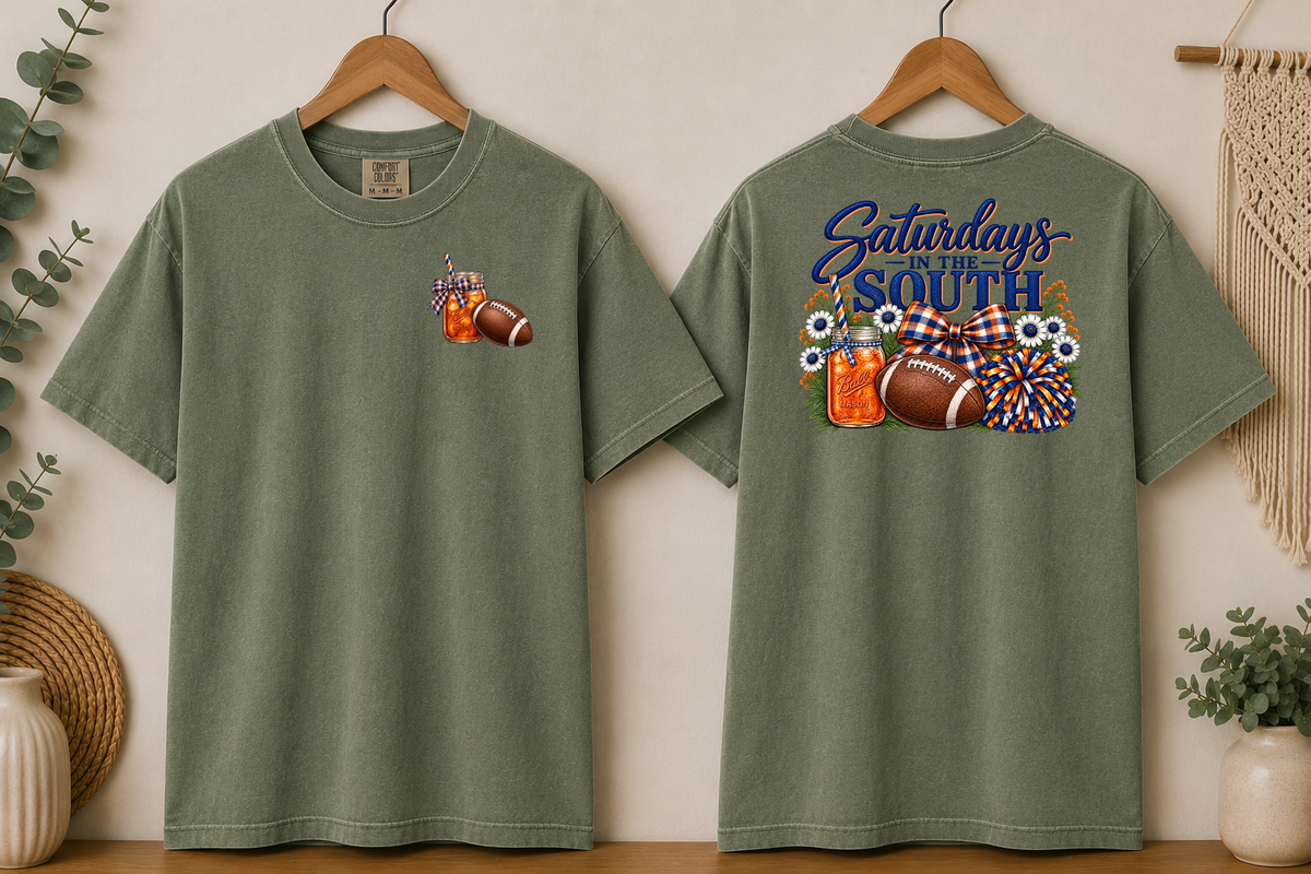 Saturdays in the South Comfort Colors T-Shirt – Southern Football Game Day Tee, Sweet Tea & Football Shirt, Front & Back Graphic