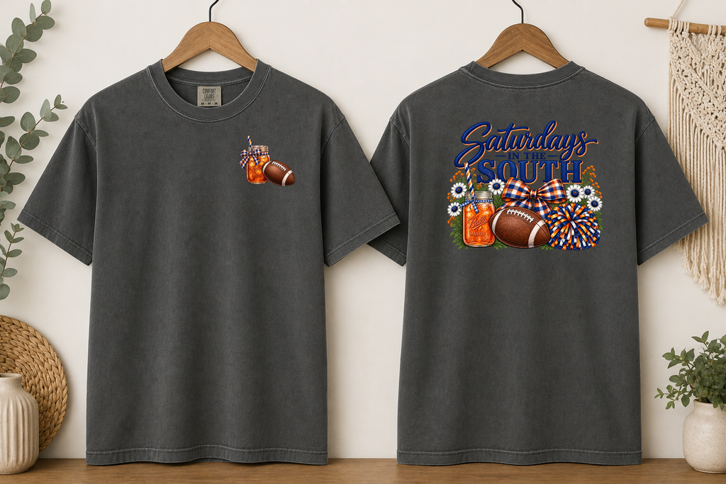 Saturdays in the South Comfort Colors T-Shirt – Southern Football Game Day Tee, Sweet Tea & Football Shirt, Front & Back Graphic
