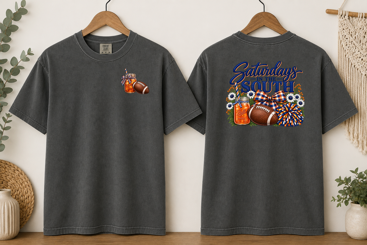 Saturdays in the South Comfort Colors T-Shirt – Southern Football Game Day Tee, Sweet Tea & Football Shirt, Front & Back Graphic