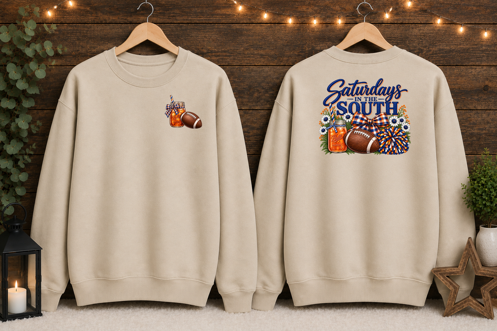 Saturdays in the South Gildan Sweatshirt – Southern Football Game Day Crewneck, Sweet Tea & Football Shirt, Front and Back Graphic