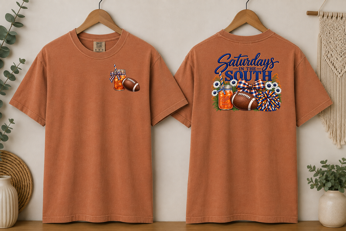 Saturdays in the South Comfort Colors T-Shirt – Southern Football Game Day Tee, Sweet Tea & Football Shirt, Front & Back Graphic