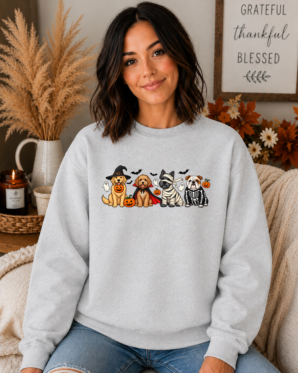 Halloween Dogs Gildan Sweatshirt – Cute Spooky Dog Costume Graphic Crewneck, Witch Vampire Mummy & Skeleton Dogs, Fall Halloween Shirt