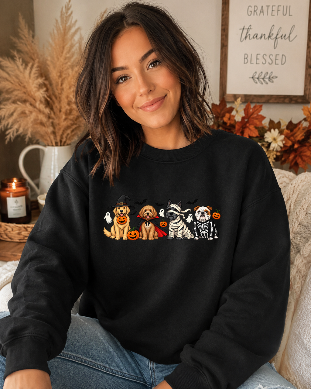 Halloween Dogs Gildan Sweatshirt – Cute Spooky Dog Costume Graphic Crewneck, Witch Vampire Mummy & Skeleton Dogs, Fall Halloween Shirt