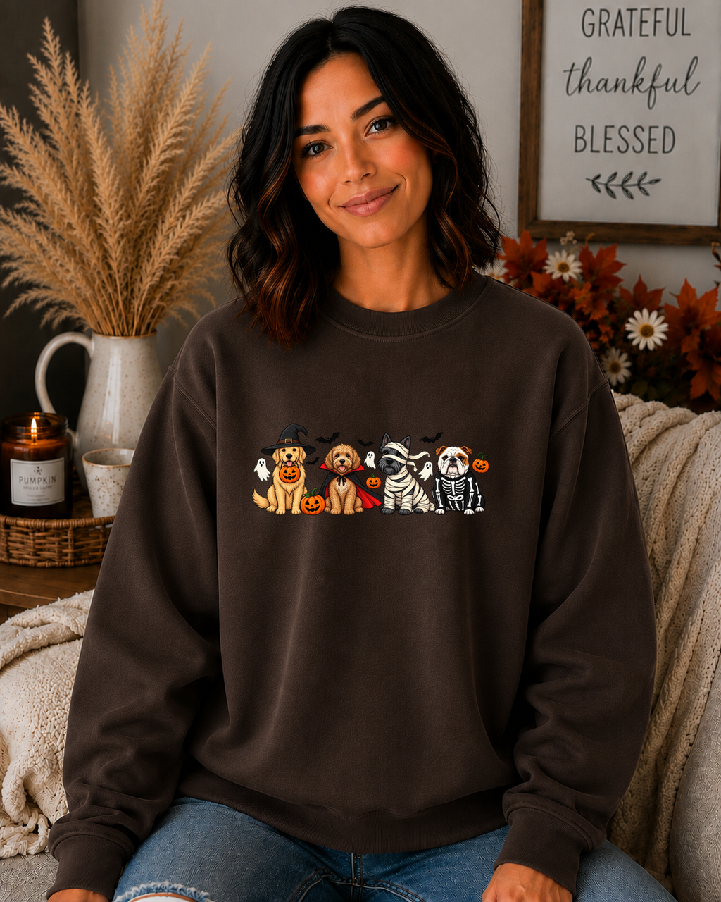 Halloween Dogs Gildan Sweatshirt – Cute Spooky Dog Costume Graphic Crewneck, Witch Vampire Mummy & Skeleton Dogs, Fall Halloween Shirt