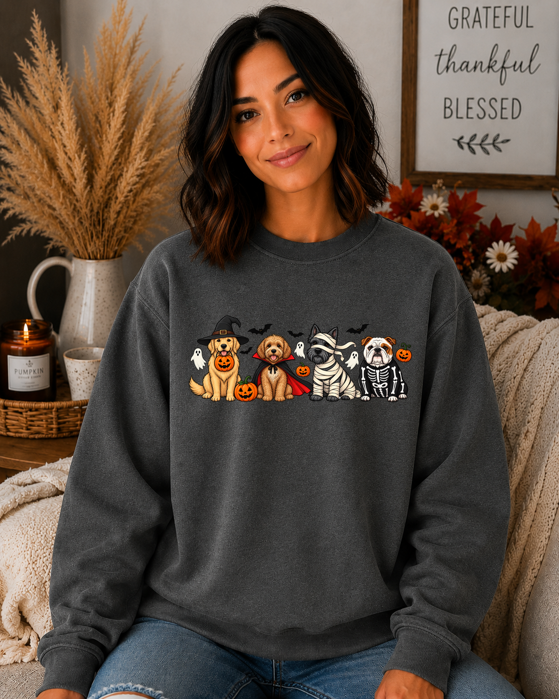Halloween Dogs Gildan Sweatshirt – Cute Spooky Dog Costume Graphic Crewneck, Witch Vampire Mummy & Skeleton Dogs, Fall Halloween Shirt