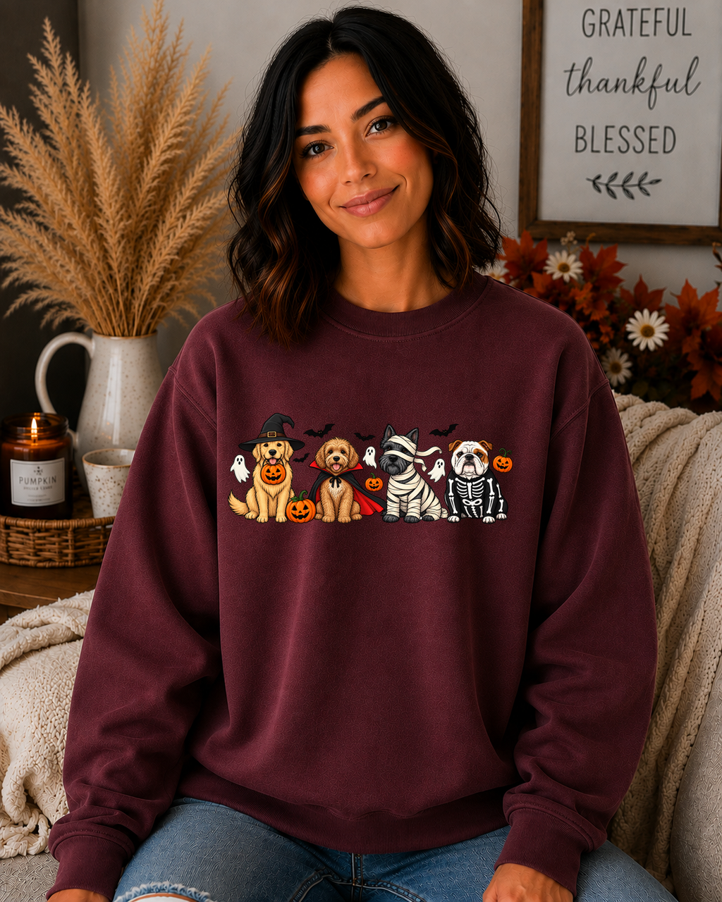 Halloween Dogs Gildan Sweatshirt – Cute Spooky Dog Costume Graphic Crewneck, Witch Vampire Mummy & Skeleton Dogs, Fall Halloween Shirt