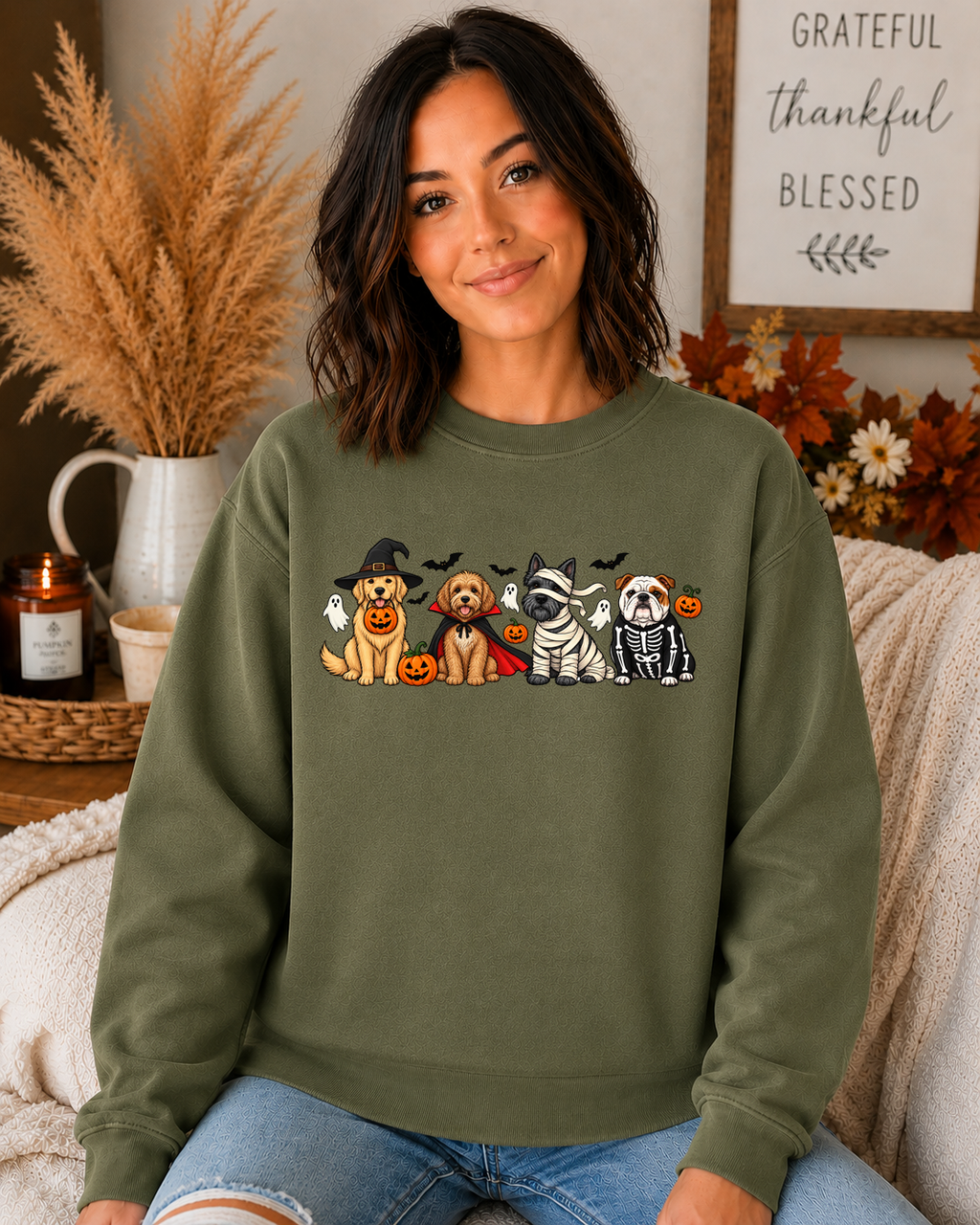 Halloween Dogs Gildan Sweatshirt – Cute Spooky Dog Costume Graphic Crewneck, Witch Vampire Mummy & Skeleton Dogs, Fall Halloween Shirt