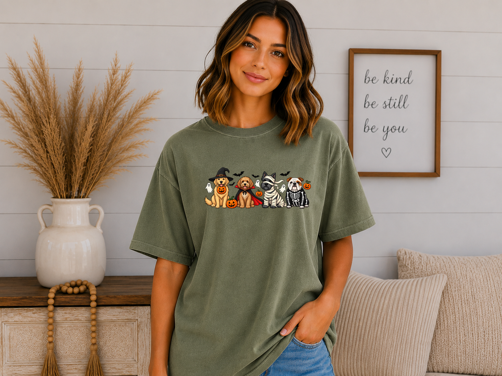 Cute Halloween Dogs Comfort Colors T-Shirt – Spooky Dog Costume Graphic Tee, Witch Vampire Mummy & Skeleton Dogs, Dog Lover Halloween Shirt