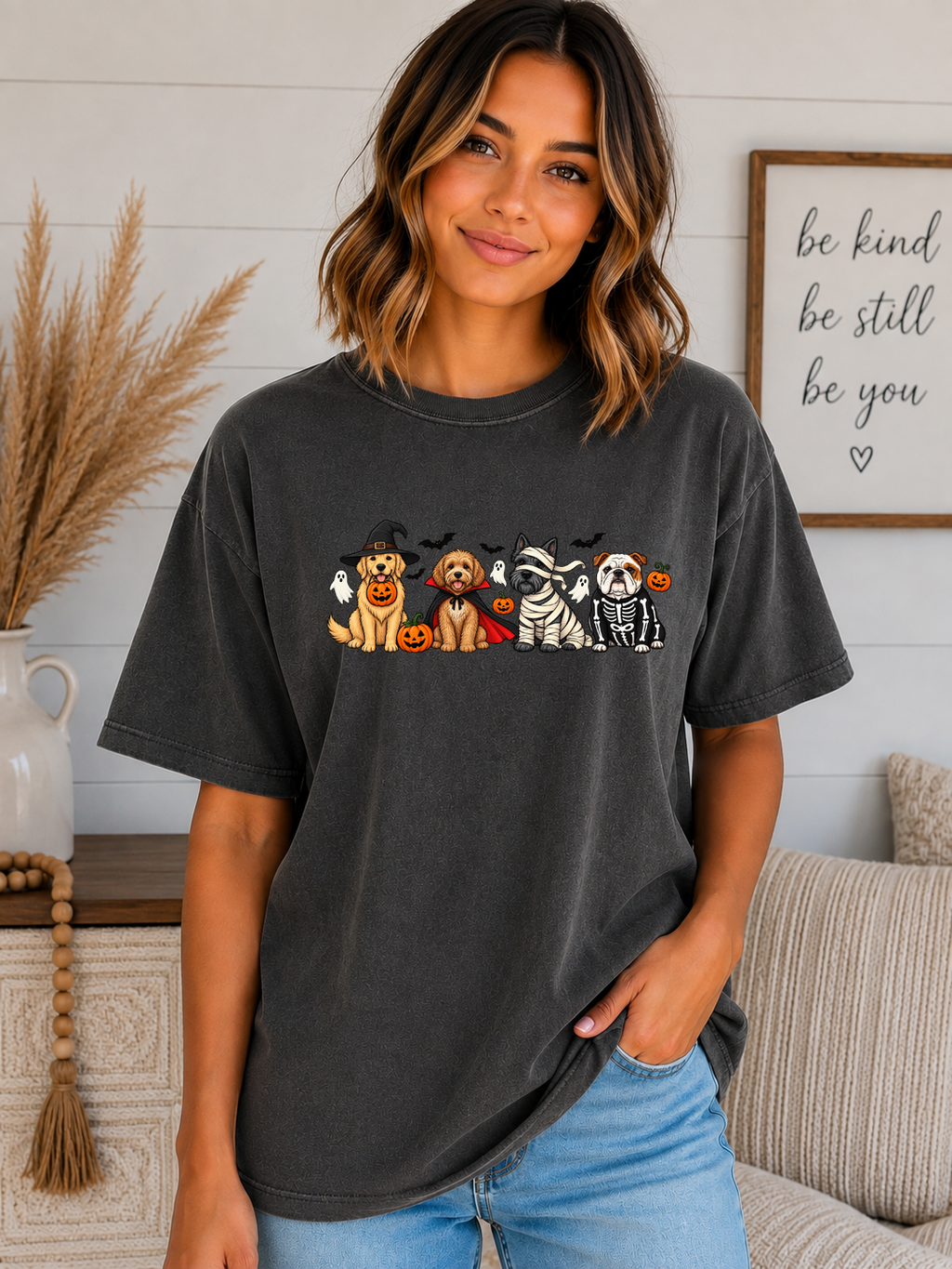 Cute Halloween Dogs Comfort Colors T-Shirt – Spooky Dog Costume Graphic Tee, Witch Vampire Mummy & Skeleton Dogs, Dog Lover Halloween Shirt