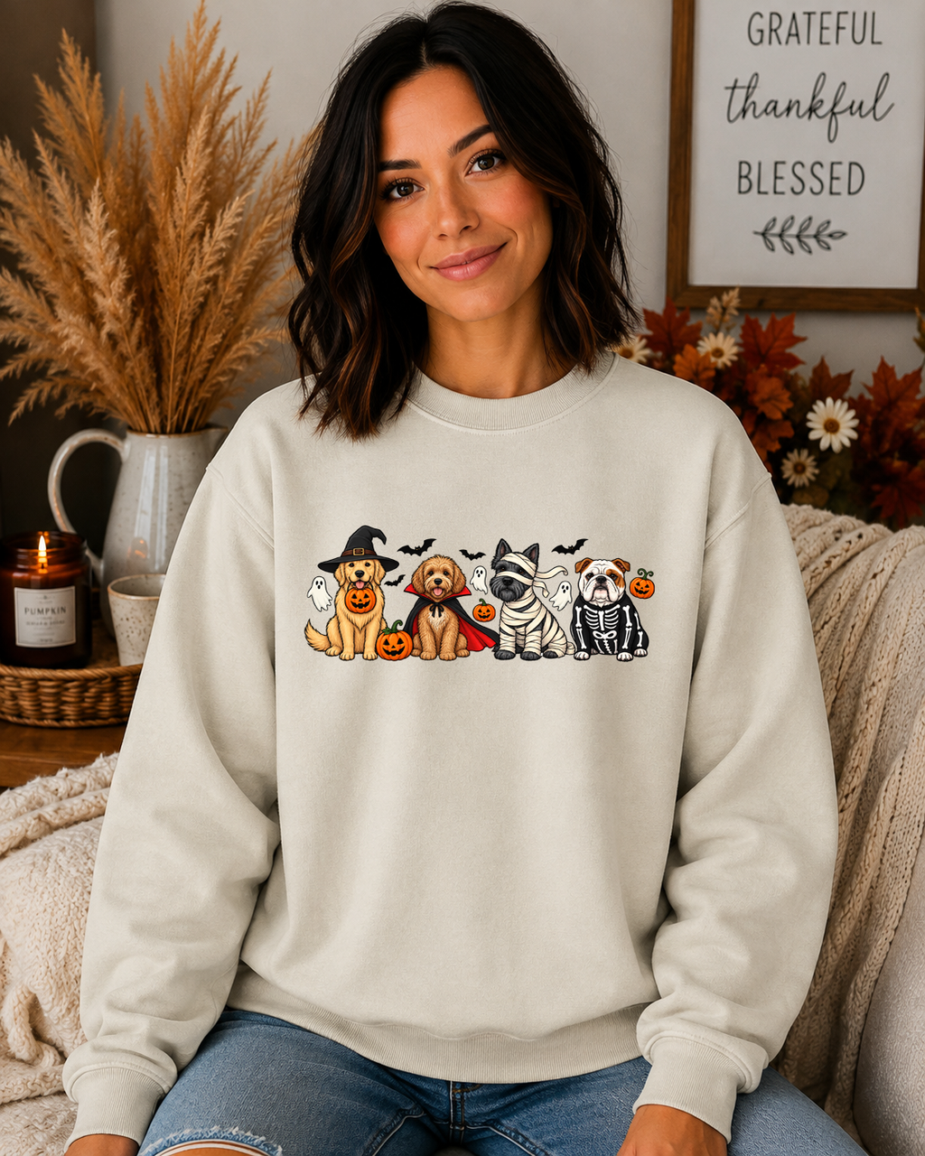 Halloween Dogs Gildan Sweatshirt – Cute Spooky Dog Costume Graphic Crewneck, Witch Vampire Mummy & Skeleton Dogs, Fall Halloween Shirt