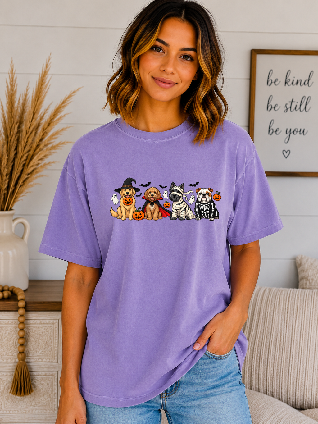 Cute Halloween Dogs Comfort Colors T-Shirt – Spooky Dog Costume Graphic Tee, Witch Vampire Mummy & Skeleton Dogs, Dog Lover Halloween Shirt