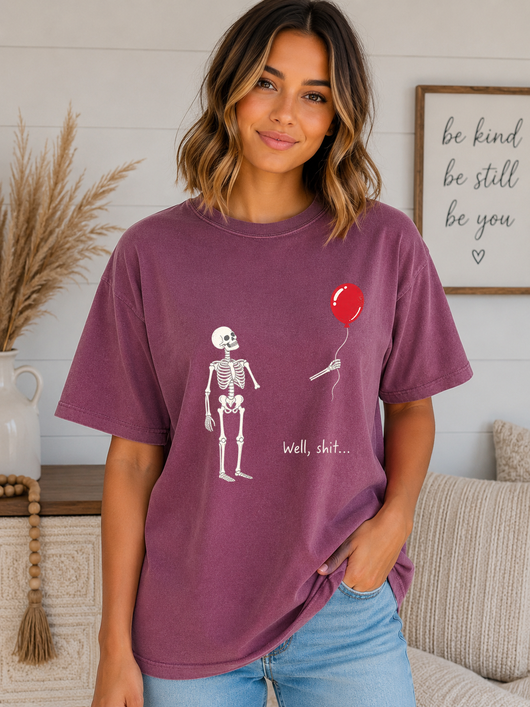 Funny Skeleton Balloon Comfort Colors T-Shirt | “Well, Shit...” Halloween Graphic Tee | Spooky Season Skeleton Shirt
